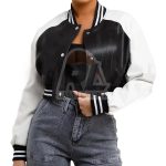 White & Black Leather Cropped Bomber Jacket