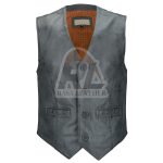 Men Button Fastening Gray Leather Vest