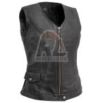 Women Stretch Side Panels Leather Vest