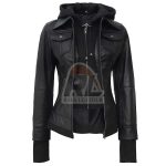 Womens Bomber Leather Jacket Removable Hood