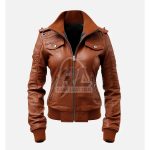 Women's Brown Leather Bomber Jacket