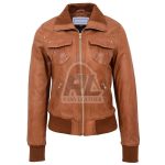Womens Tan Classic Bomber Leather Jacket